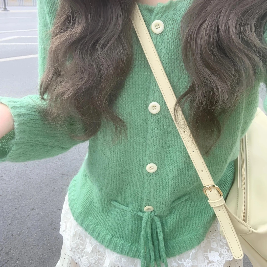 韩系蕾丝拼接收腰系薄款针织开衫女春秋新款设计感显瘦长袖外套潮