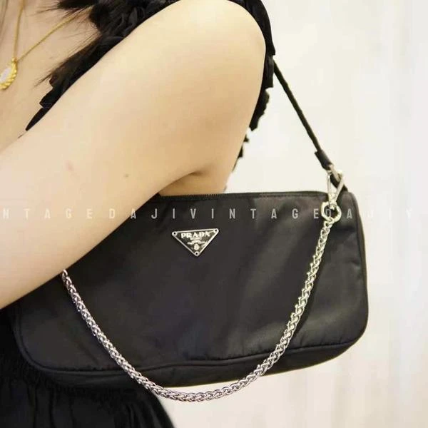 95新 Prada/普拉达 大吉中古sz/Prada黑银降落伞麻将手提包