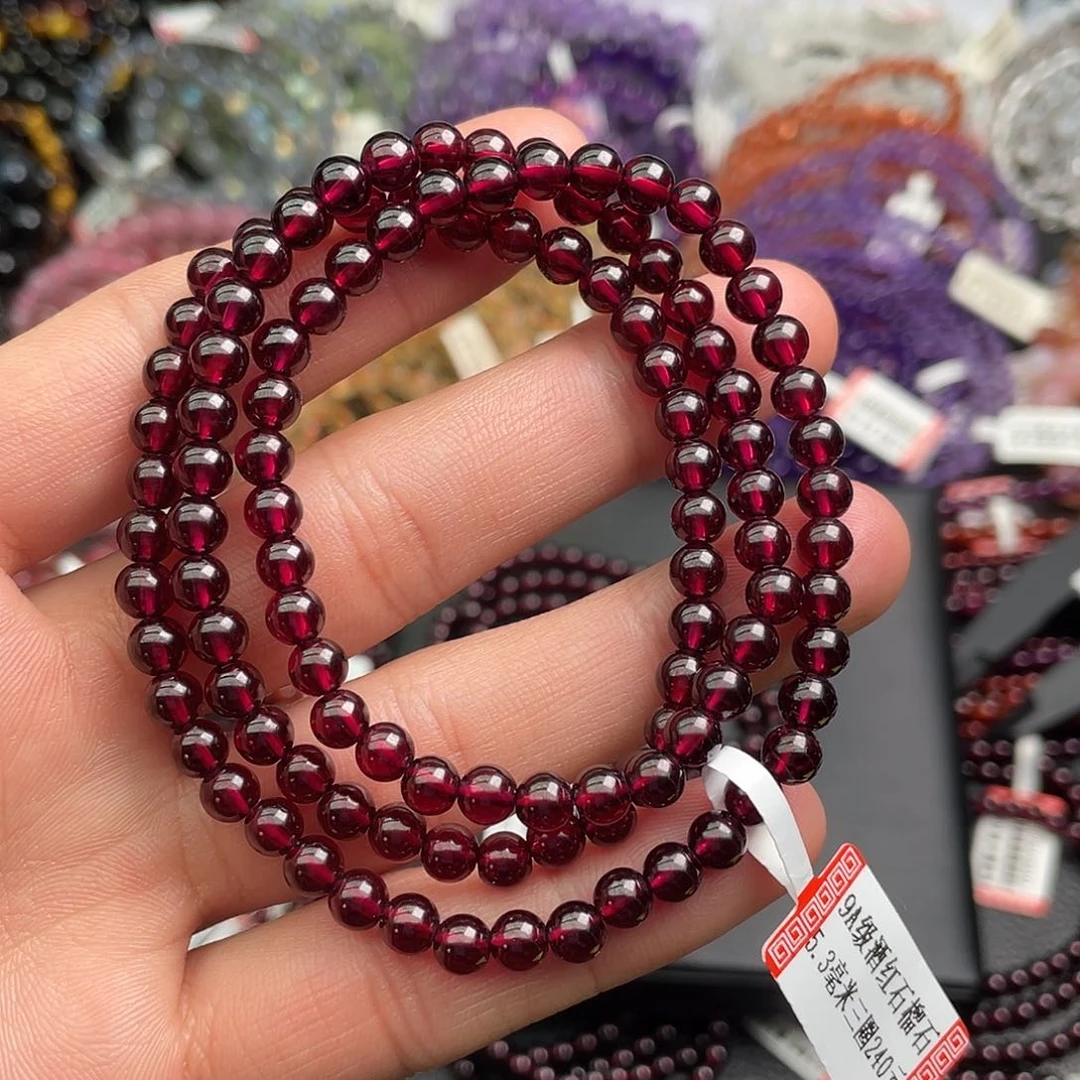 石榴石手链未镶嵌5.3毫米三圈9A级酒红石榴石