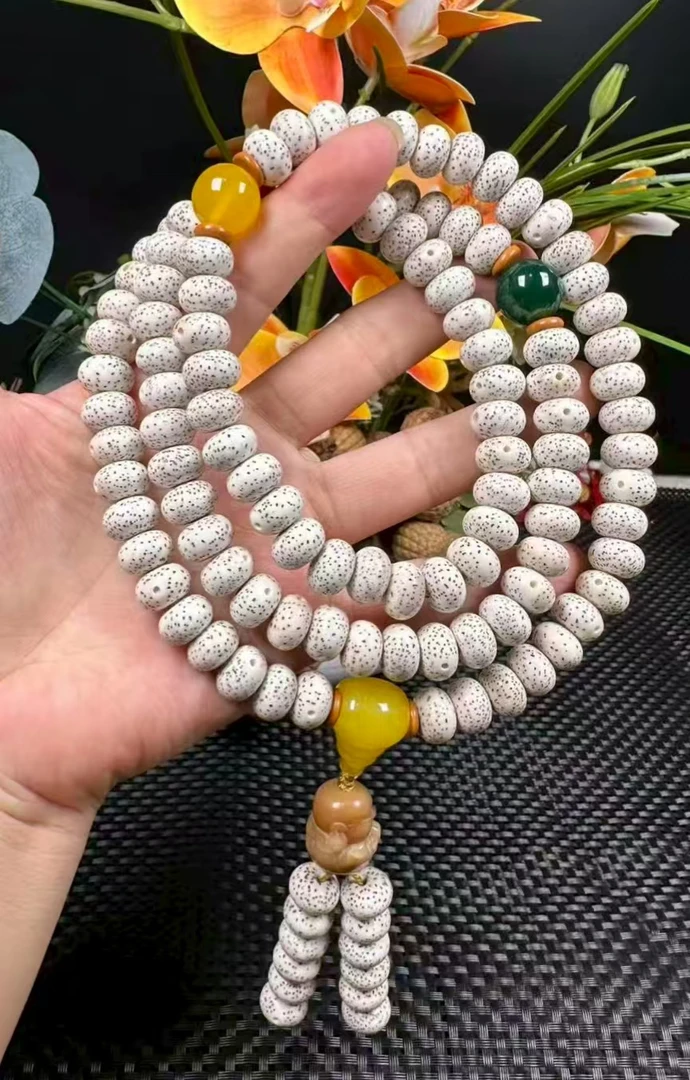 海南星月菩提脱脂顺白正月苹果珠108颗高抛高密念珠佛珠文玩长串