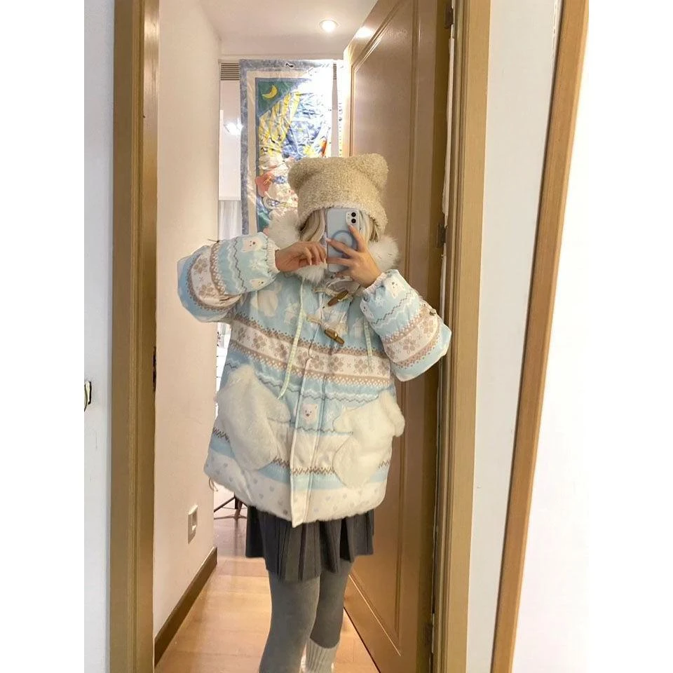 彩色印花毛领连帽牛角扣棉服女冬季新款慵懒风减龄时尚面包服外套