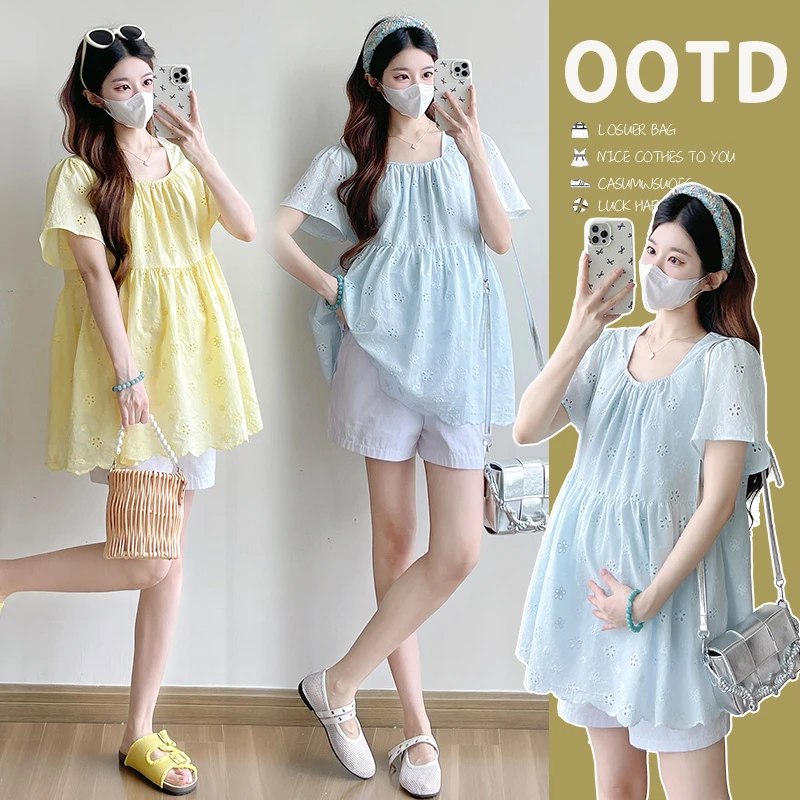 2025孕妇装夏季新款镂空设计娃娃衫宽松显瘦时尚百搭孕妈减龄上衣