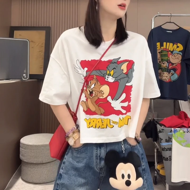 韩版落肩袖短袖T恤女夏季新款卡通猫和老鼠趣味印花圆领宽松上衣