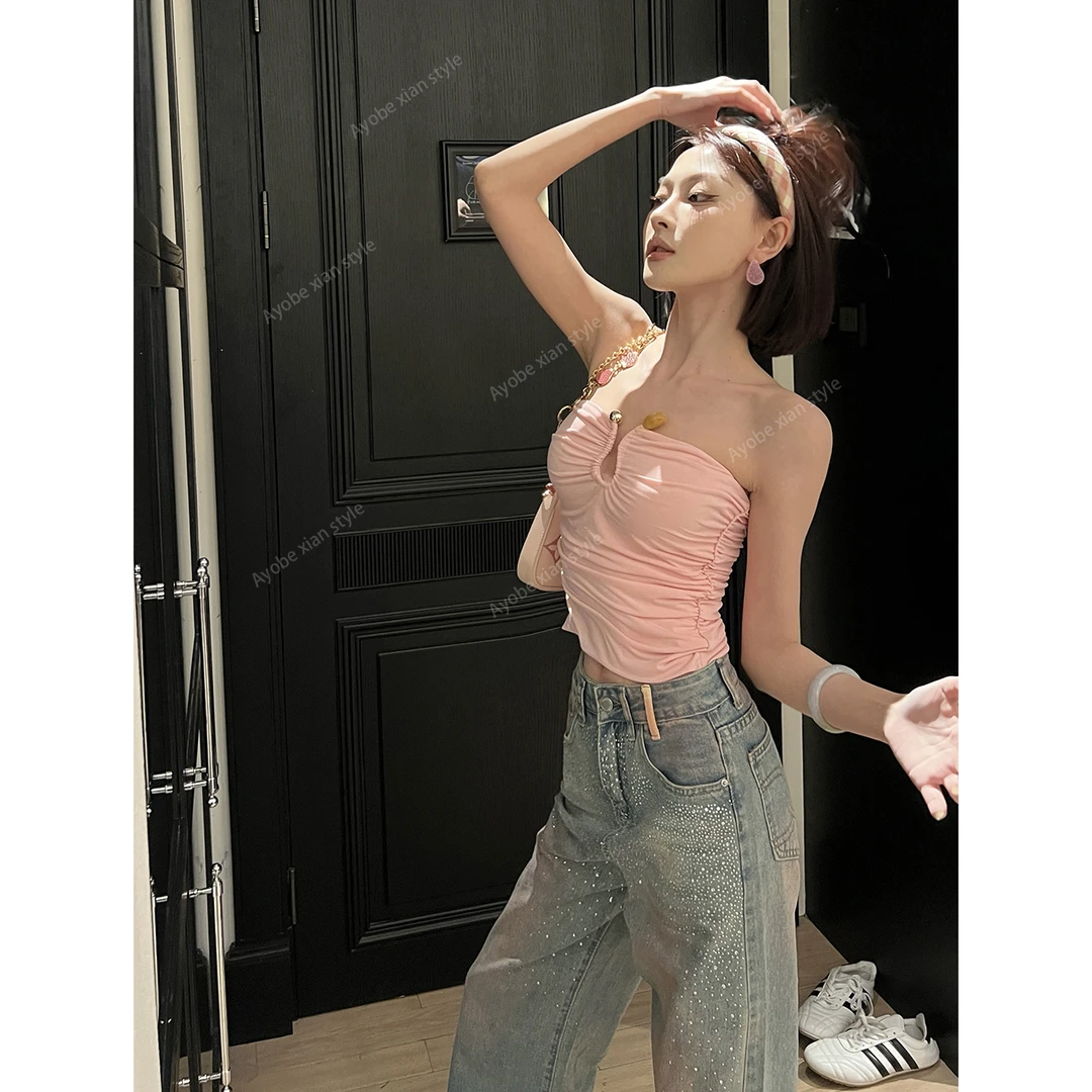 AYOBE小贤/桃子气泡水 性感辣妹打褶抹胸无袖背心纯欲无肩带上衣