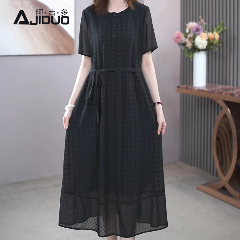 阿吉多黑色短袖连衣裙女2025新款夏装收腰大码长裙提花高级裙子