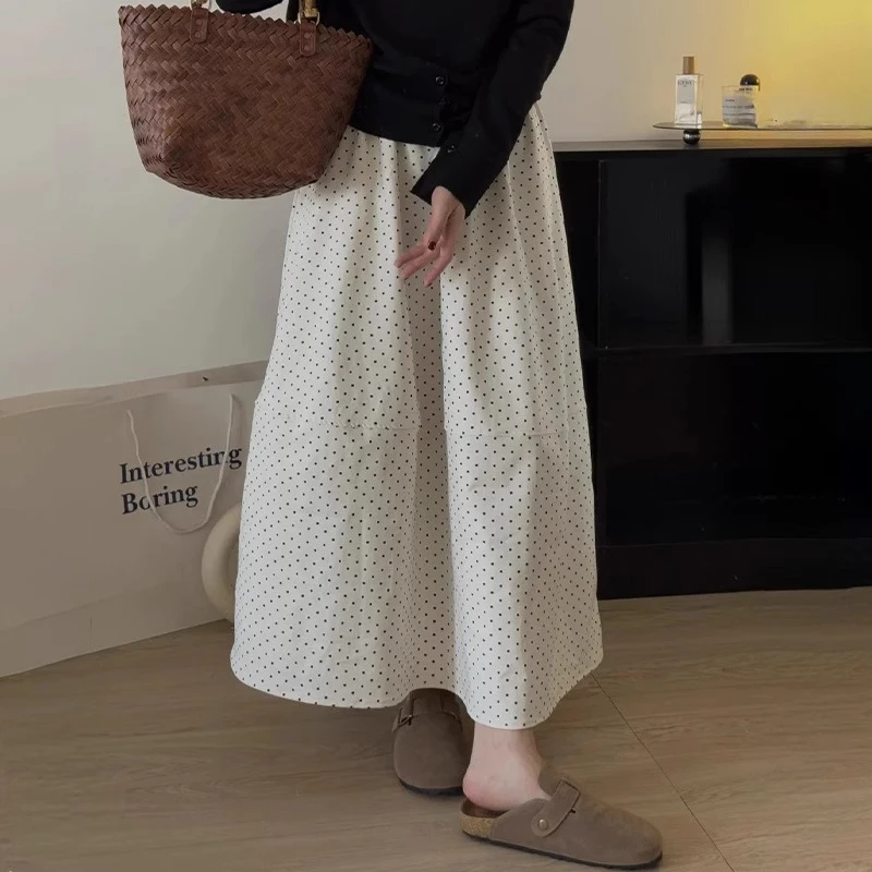 高腰薄款遮胯显瘦波点半身裙夏季米白色波点拼接A字伞裙