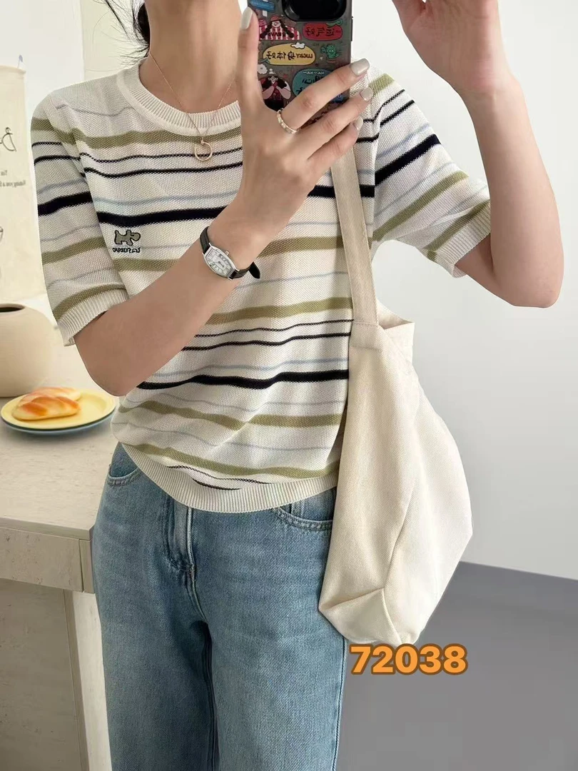 2025年夏季新款天丝莱赛尔圆领针织衫短袖条纹刺绣小狗打底衫