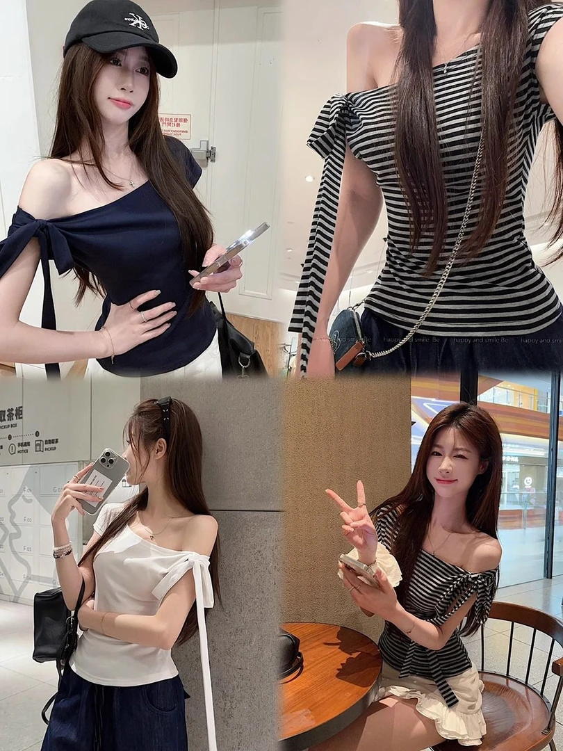 绑带斜肩短袖条纹T恤夏季新款修身设计辣妹露肩显瘦短款气质上衣