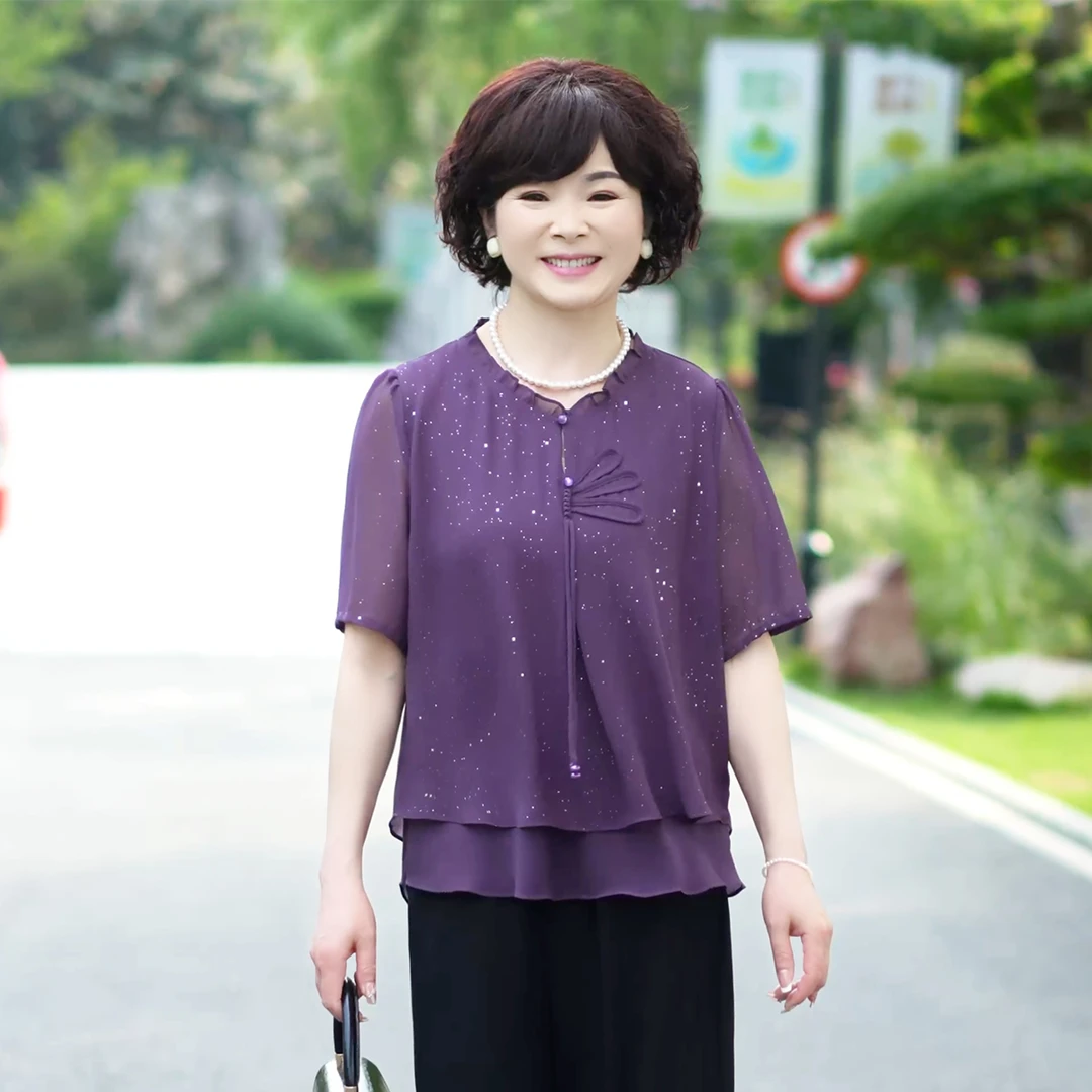 MUYUEZI/中年妈妈夏季新款洋气中老年时尚大码洋气印花上衣套装