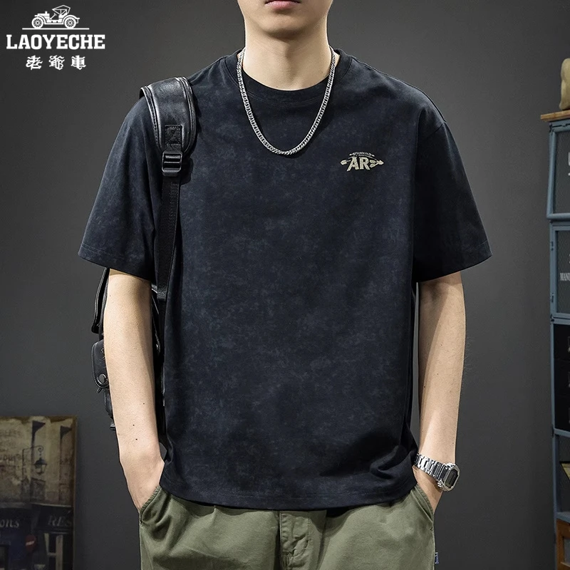 老爷车2025新款纯棉圆领短袖t恤男夏季宽松半袖ins潮牌印花体恤衫