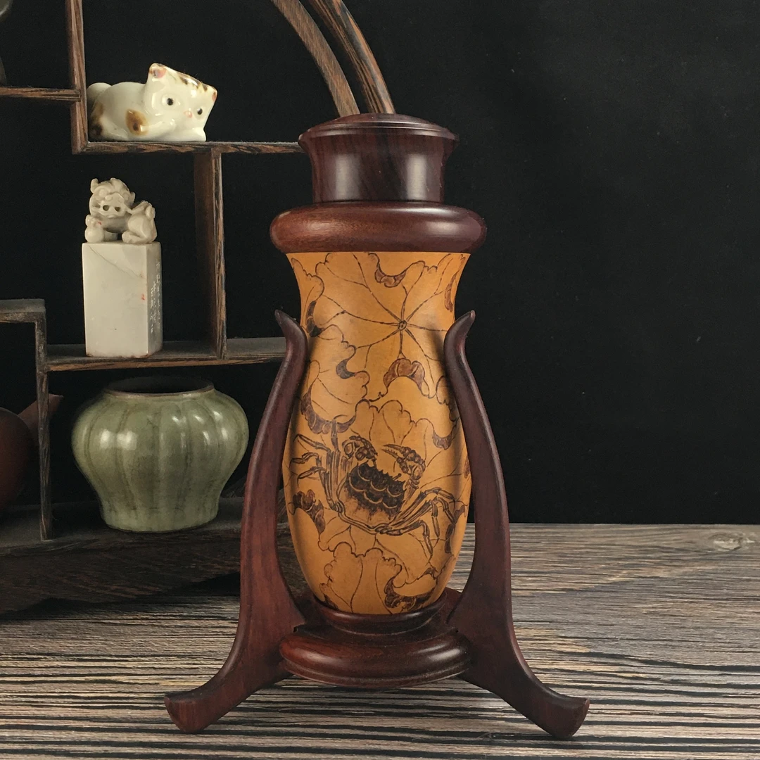 柳氏烙艺荷蟹图 纯手工烙画蓄虫鸣虫具葫芦蝈蝈叫罐文玩把件摆件B