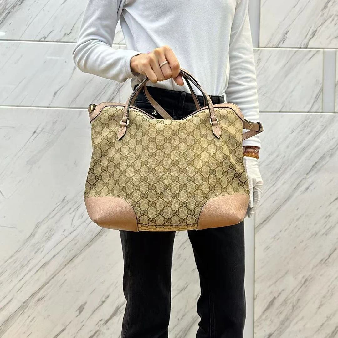 95新 GUCCI/古驰 帆布拼粉皮托特包/云海优选/H22472