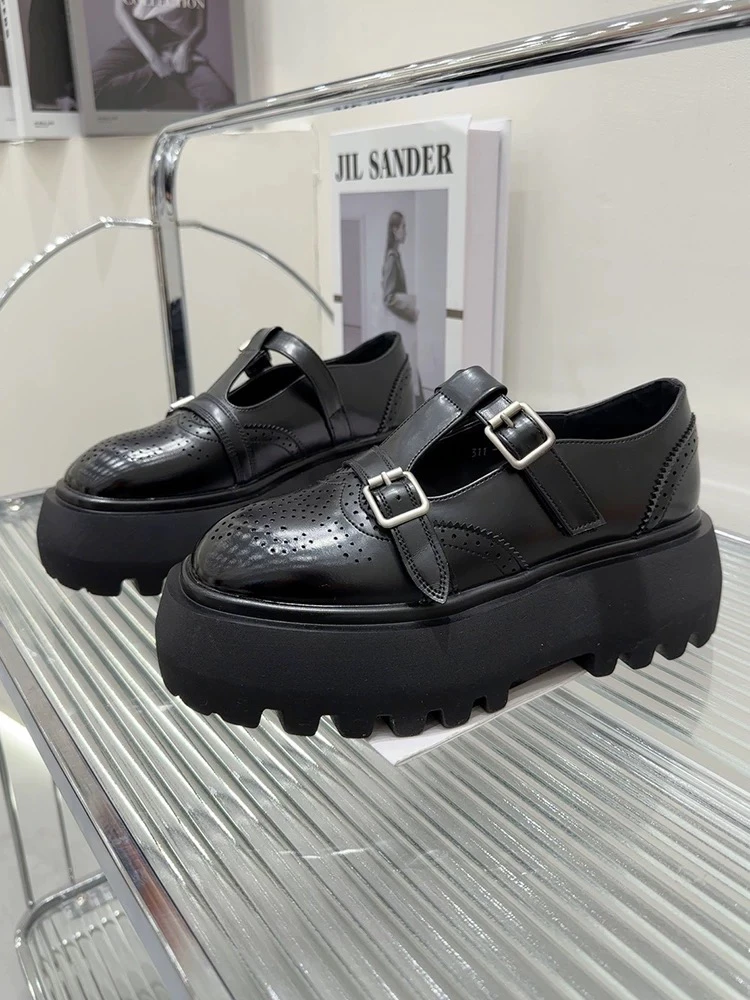 欧货真皮布洛克乐福鞋女2025春季新款JK小皮鞋厚底浅口311-12