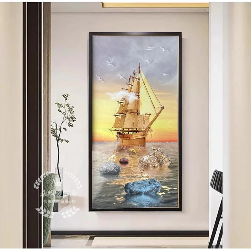 Q187一帆风顺客厅装饰画轻奢高端玄关挂画实物立体钢化玻璃装裱画