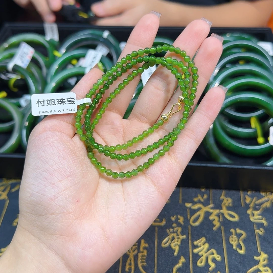 和田玉未镶嵌颈饰菠菜绿小米链