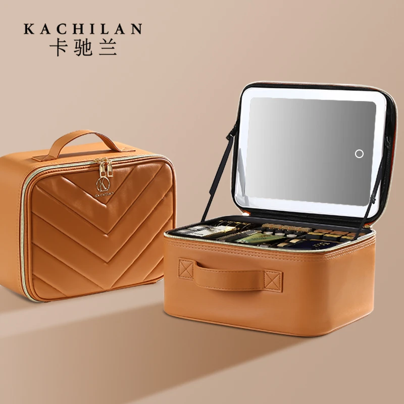 卡驰兰大容量便携化妆箱带LED灯镜子多功能化妆师收纳包防水网红
