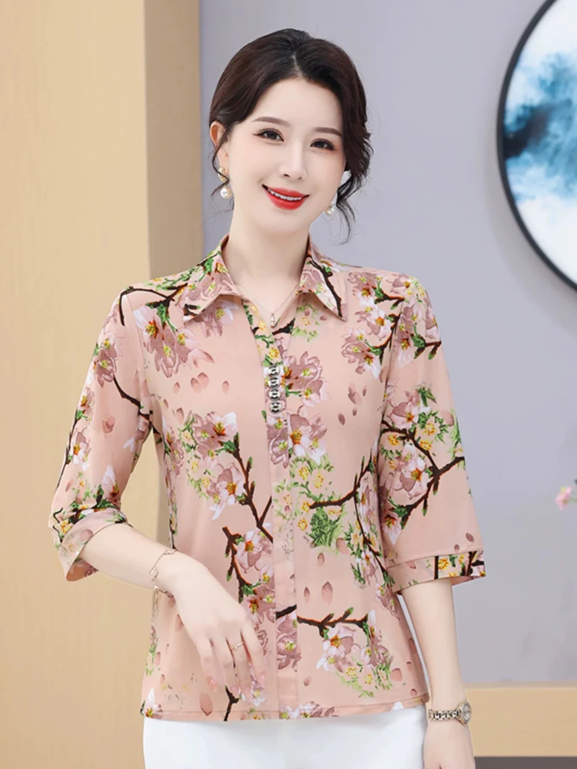 妈妈夏装女新中式七分袖气质衬衫中老年时尚短袖翻领女上保健环