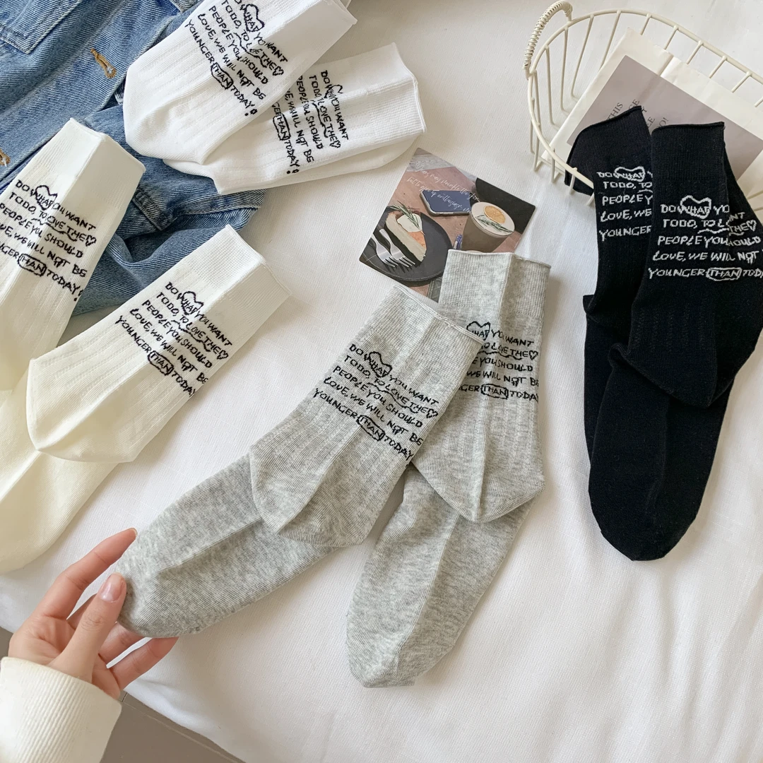 【后跟字母】纯色设计款韩版休闲百搭ins风无骨女袜中筒袜堆堆袜
