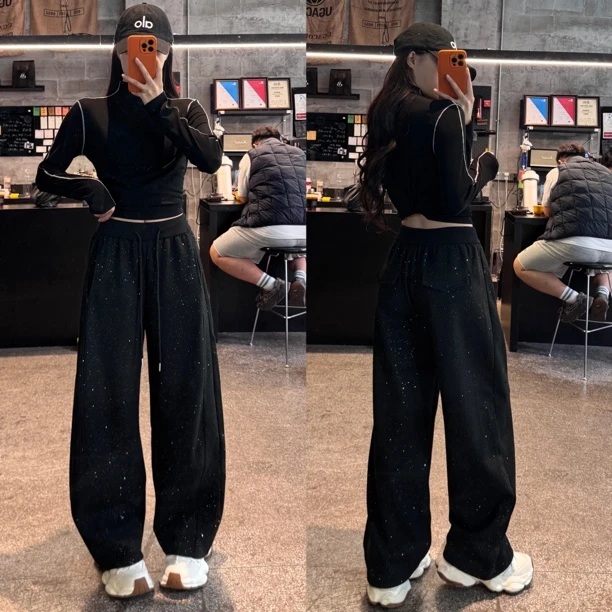 「银河工艺」加绒加厚高腰抽绳烫钻撒银显瘦直筒弯刀休闲裤