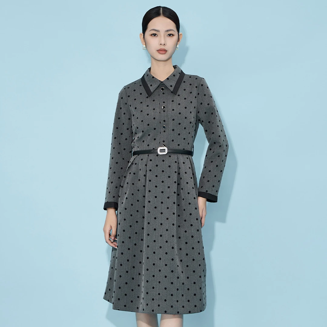 MY TENO/马天奴VHS021气质长袖时尚女士收腰中长款双排扣连衣裙