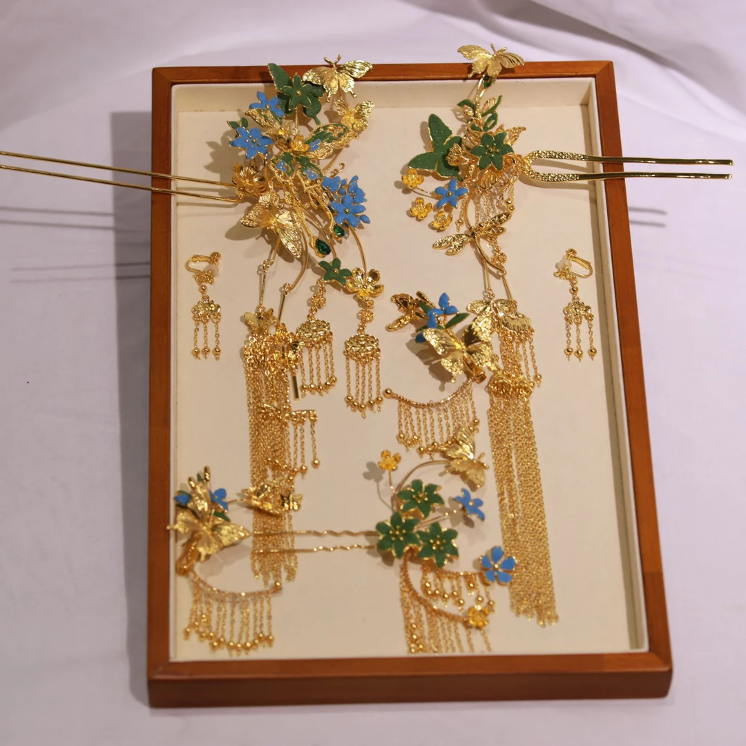 合金仿水晶婚庆饰品 13204金绿色色中式长款流苏小分体减龄精致款
