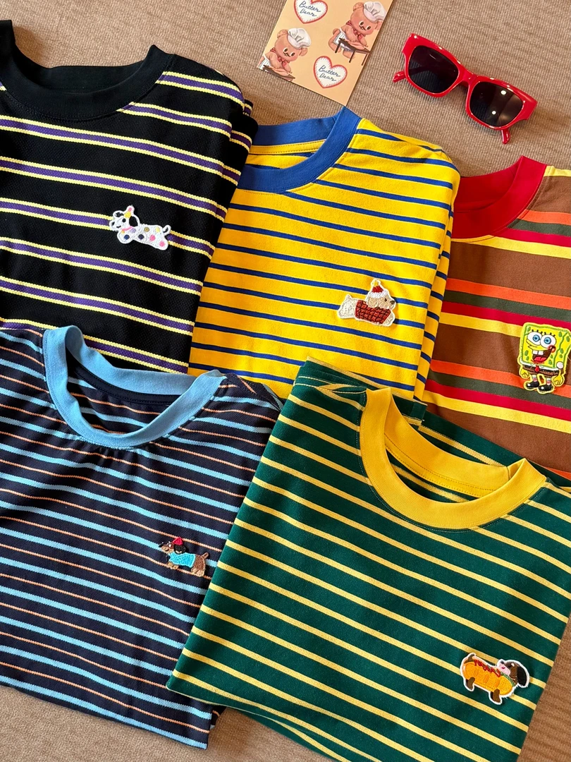 VThree夏季新款条纹t恤百搭时尚休闲重磅