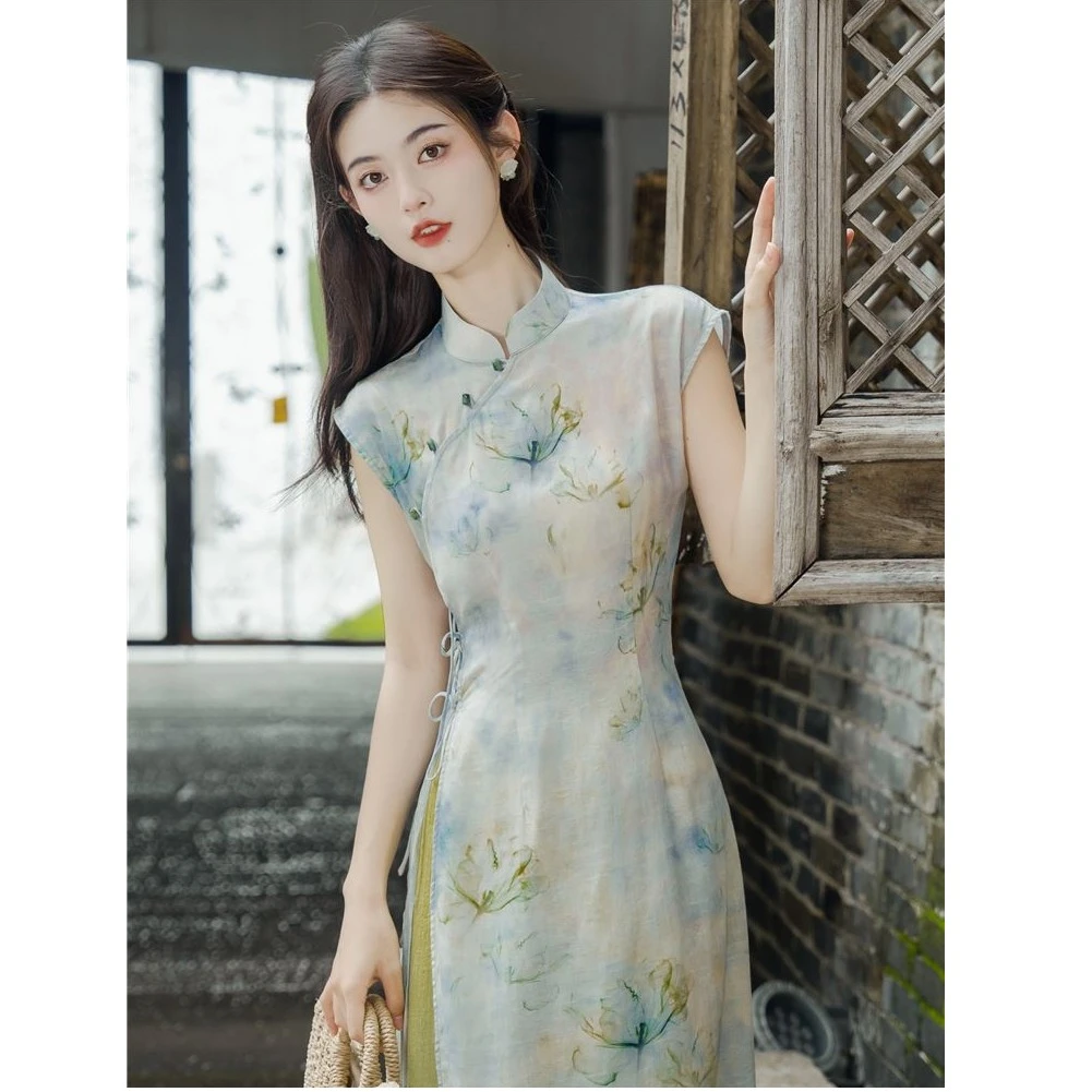 复古风年轻款旗袍女新中式连衣裙水墨晕染国风女装2025新款两件套
