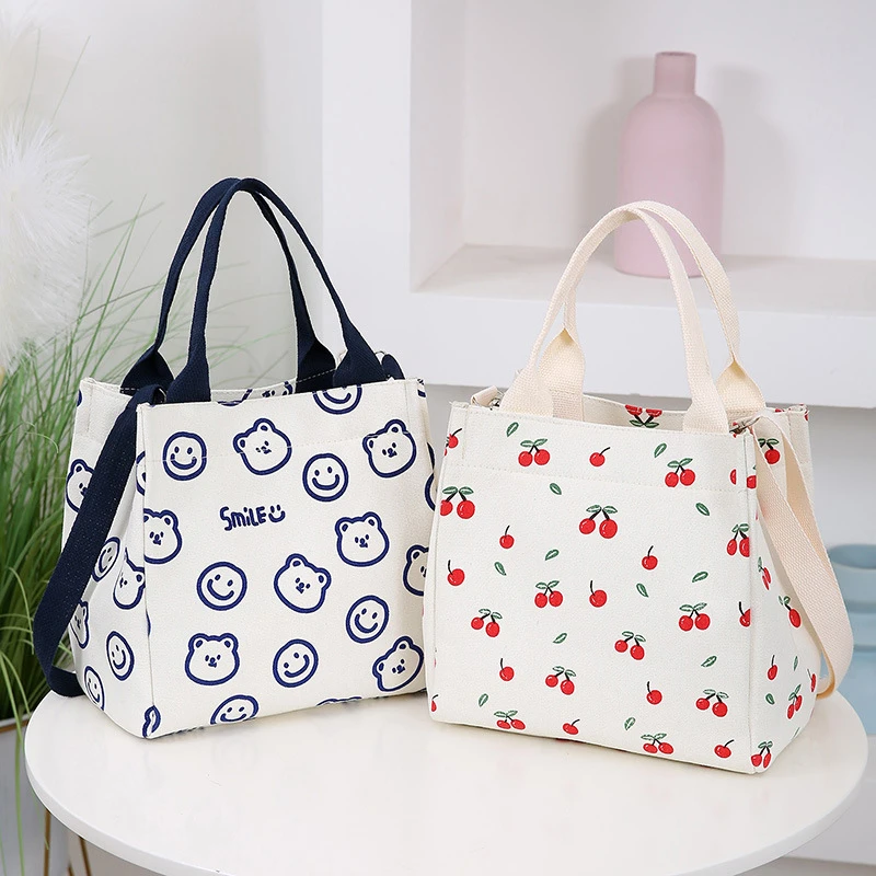 午餐饭盒包拉链时尚斜挎包上班族学生日系春季花卉手提包简约