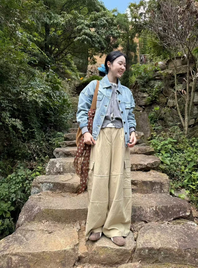 2025秋季新款韩国复古水洗蓝翻领宽松长袖牛仔外套女百搭阔腿裤