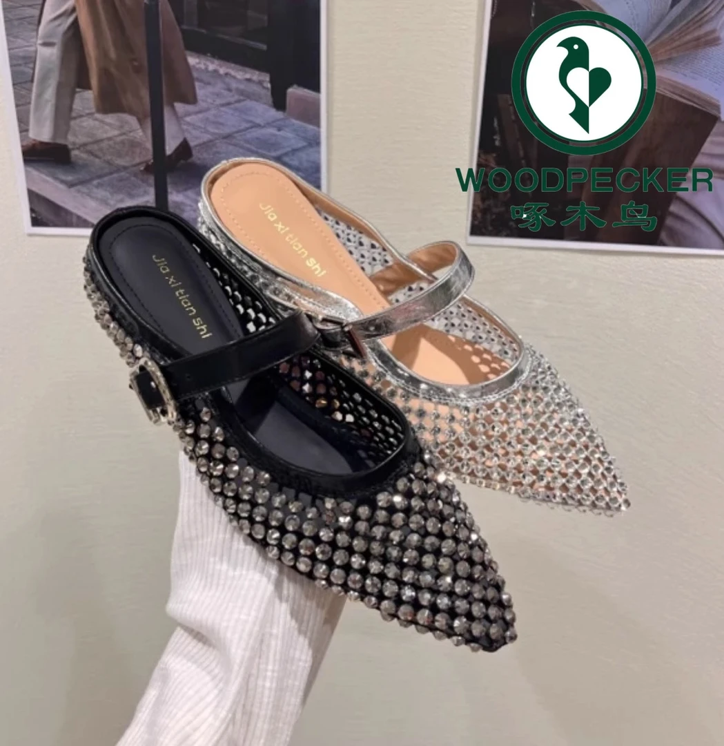 啄木鸟法式复古尖头水钻包头半拖鞋女2025夏季外穿时尚穆勒凉拖鞋