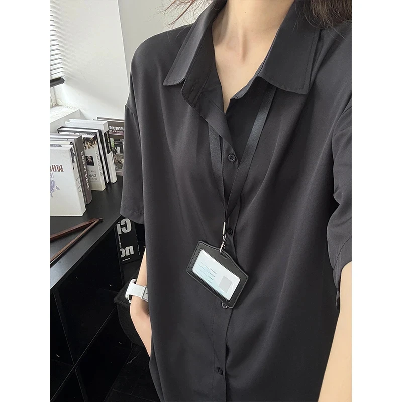 黑色通勤冰丝短袖衬衫男夏季高级感休闲宽松衬衣叠穿防晒薄款外套