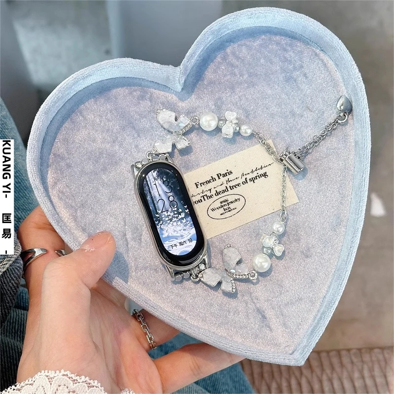 适用小米手环10/9表带9pro珍珠蝴蝶闪钻红米watch6女款金属手表链