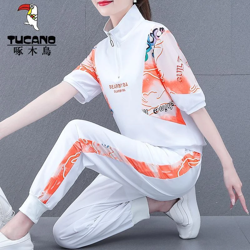 啄木鸟时尚运动服套装夏季2025年新款中年妈妈宽松休闲薄款两件套