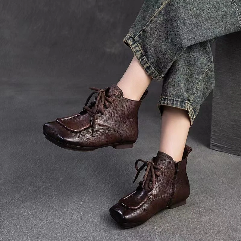 复古手工高帮单鞋女鞋春秋新款平底舒适短靴时尚民族风软底妈妈鞋