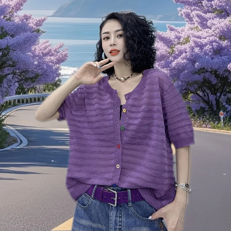 原创设计纯色针织T恤女装2025时尚洋气气质减龄简约短袖上衣-9897