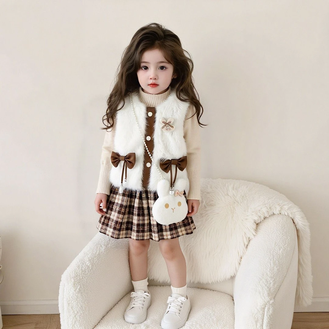 女童秋冬套装宝宝新款洋气加厚马甲三件套毛衣加绒儿童半身