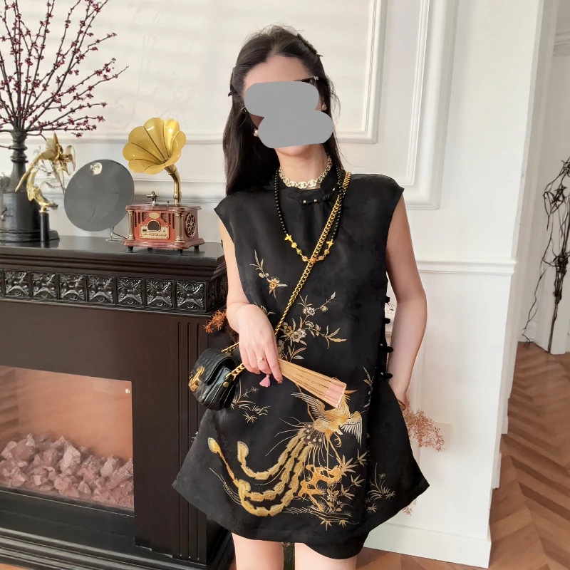 夏季新款时尚百搭显瘦宽松新中式凤凰印花中长款衬衣高腰短裤套装