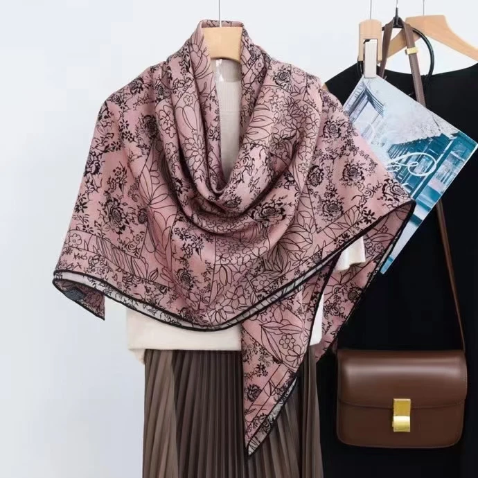 【E227】135x135cm丝毛双面印花秋冬保暖丝巾时尚百搭优雅女士