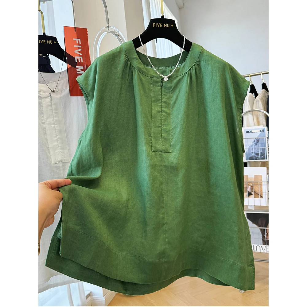 胖妹妹240斤大码高级感亚麻圆领无袖衬衫女夏季宽松上衣气质小衫