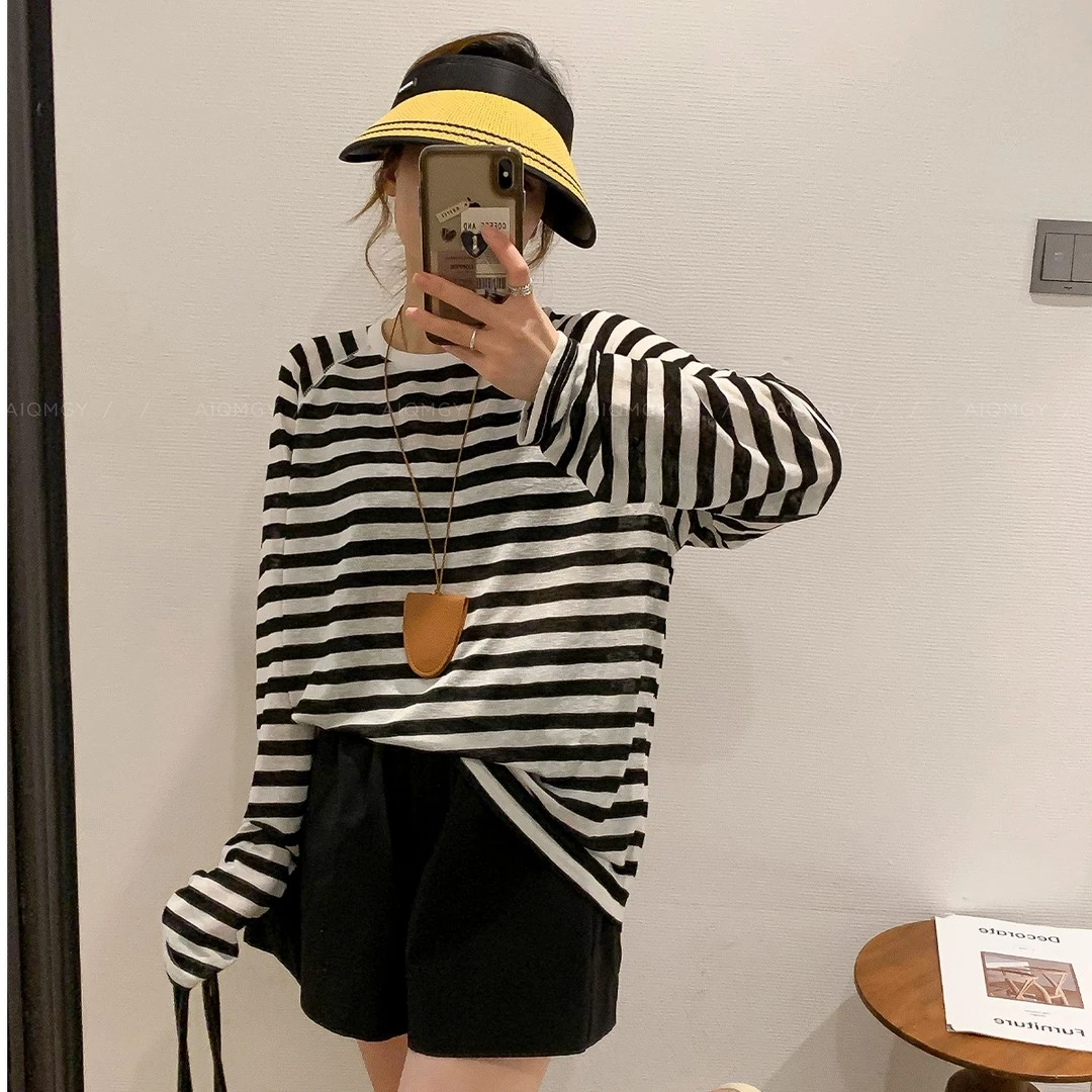 条纹长袖防晒T恤女夏季慵懒风宽松休闲显瘦吊带外搭罩衫薄款上衣