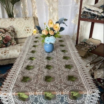 ZN012-79玻璃纱【60*185】白底绿叶高织高密玻璃砂桌布茶几布