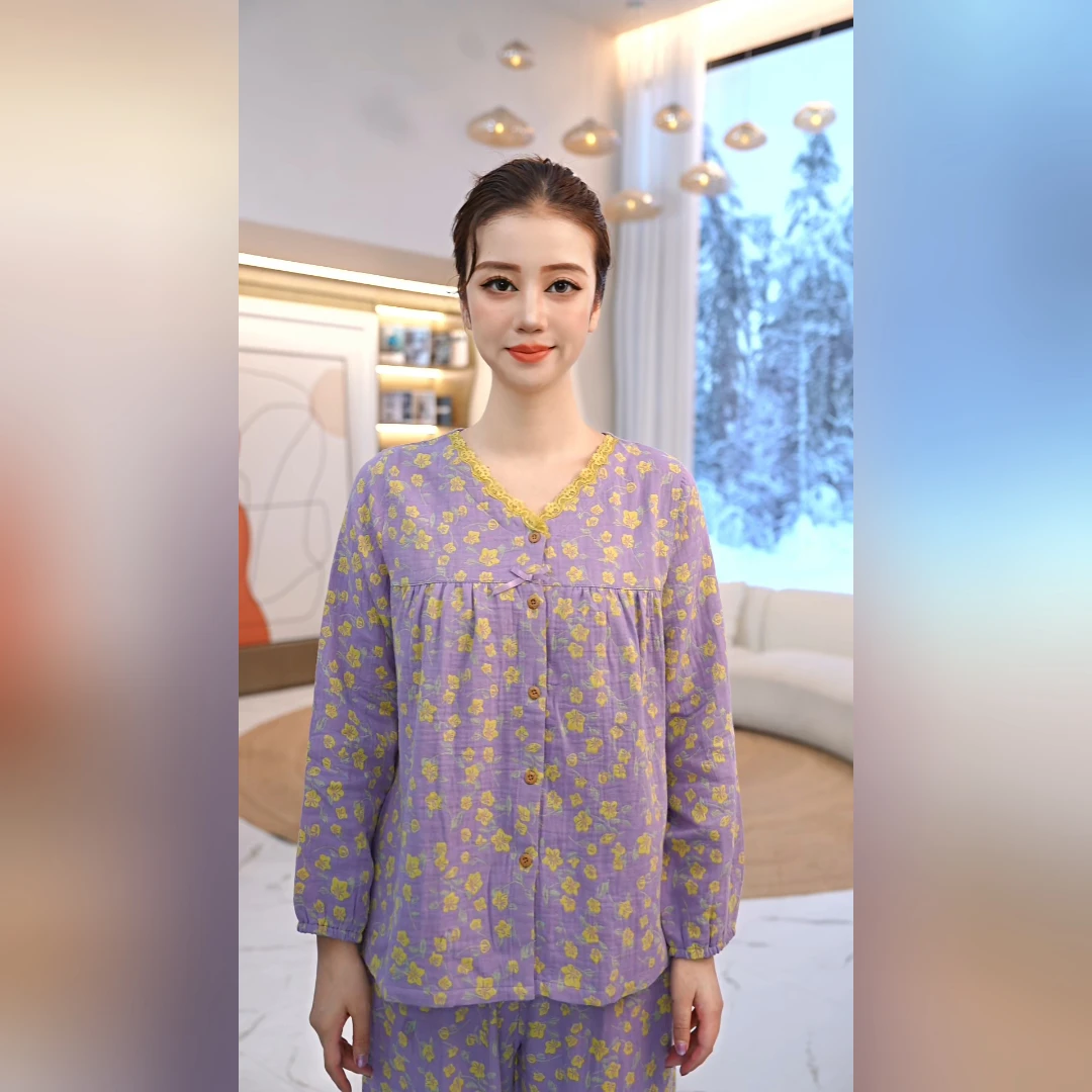 梭织双层纱提花V领长袖长裤女套女套纯棉
