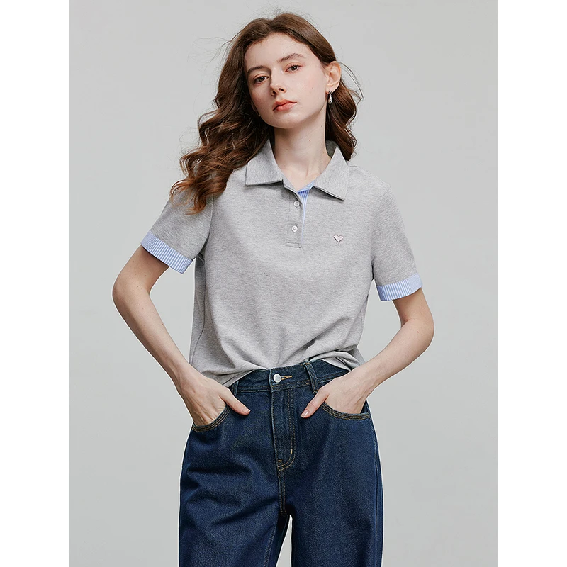 【视频同款】初语撞色条纹翻袖POLO衫珠地复古休闲小衫上衣8521007