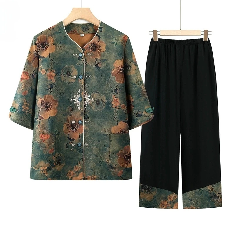 中老年妈妈夏装新中式衬衫老年人奶奶穿夏季国风轻薄衬衣服两件套