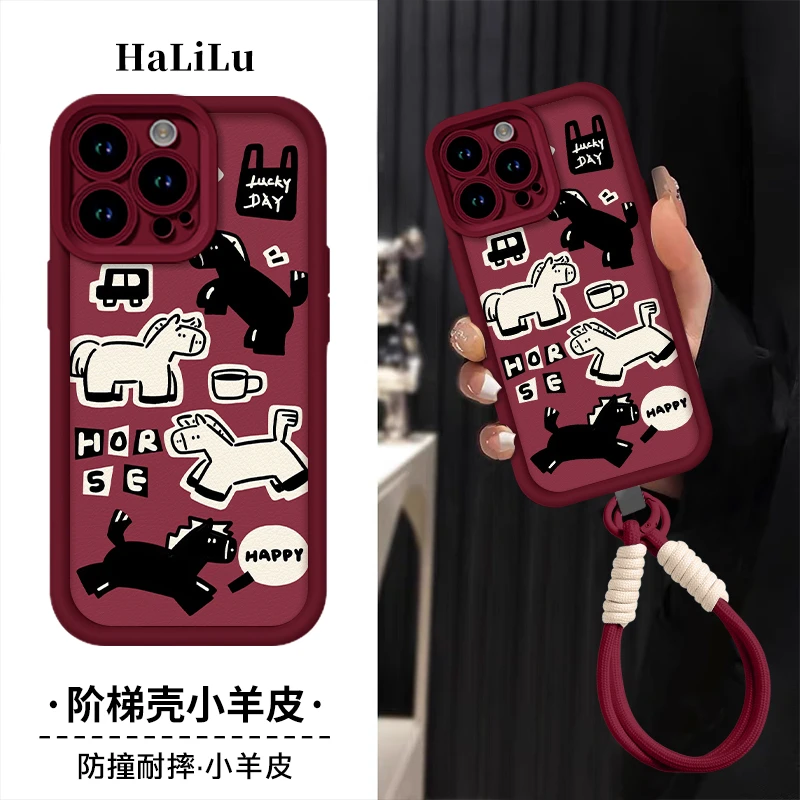 趣味马驹高级阶梯小羊皮适用苹果华为op小米vivo一加手机壳带挂绳