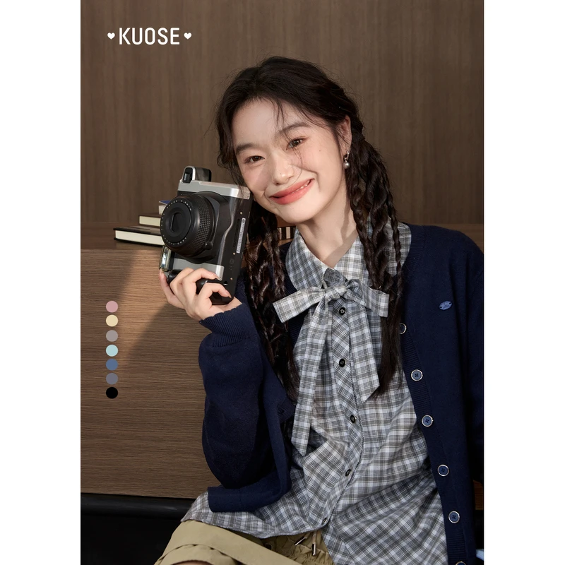 阔色黄色蝴蝶结格子衬衫收腰衬衣2025秋冬季新款女上衣KSL2508013
