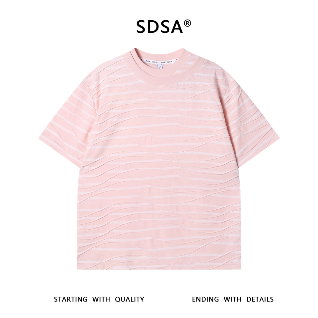 夏季高级感新款韩系撞色褶皱条纹双领口短袖T恤宽松百搭情侣上衣