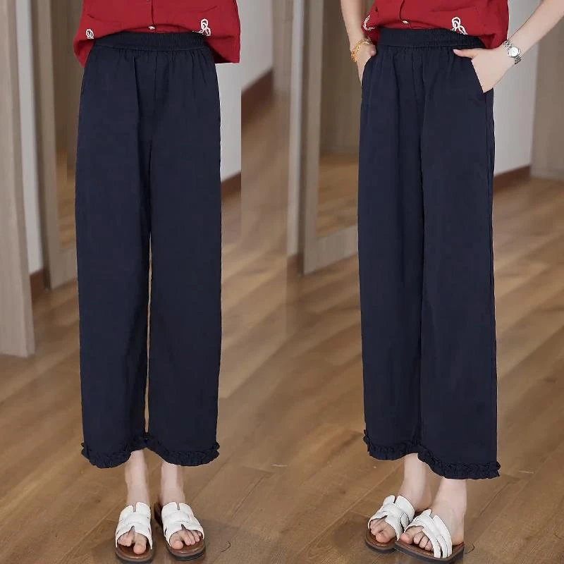 时尚休闲阔腿裤女2025夏季新款洋气显瘦设计感木耳边九分直筒裤薄