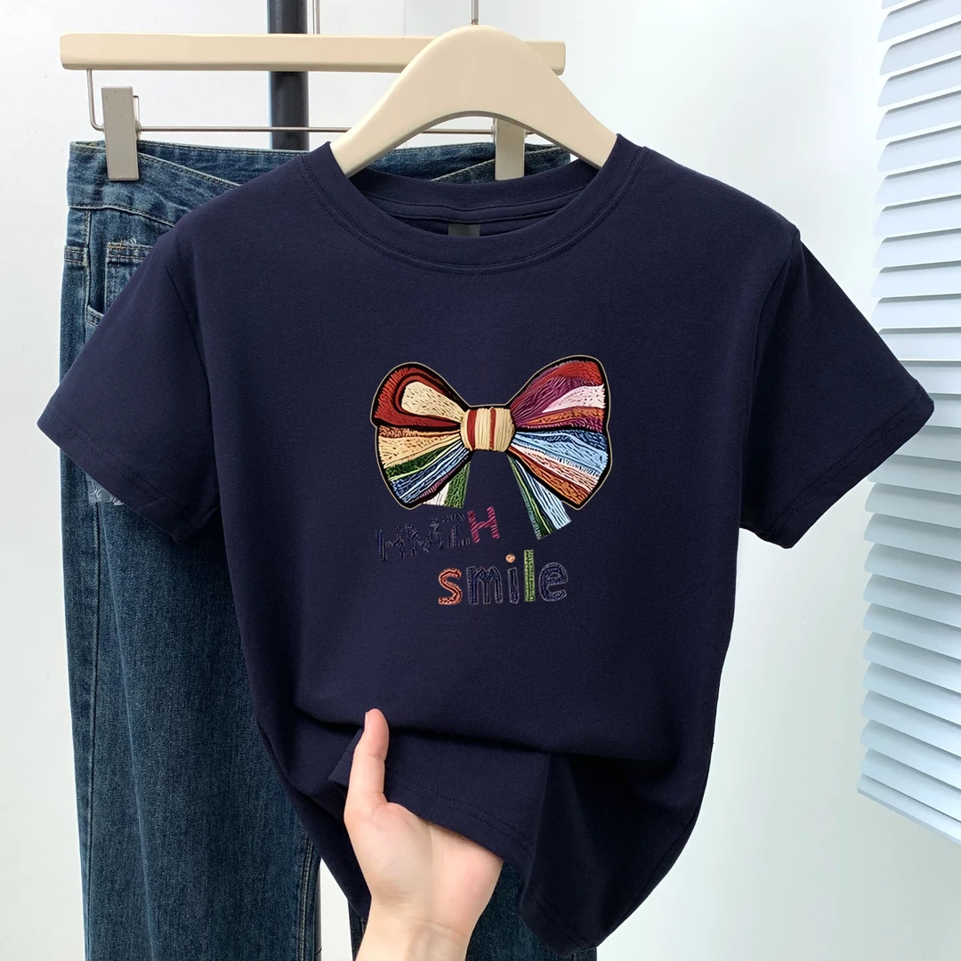 2025夏季新款短袖t恤女时尚减龄蝴蝶结印花正肩显瘦小衫圆领上衣