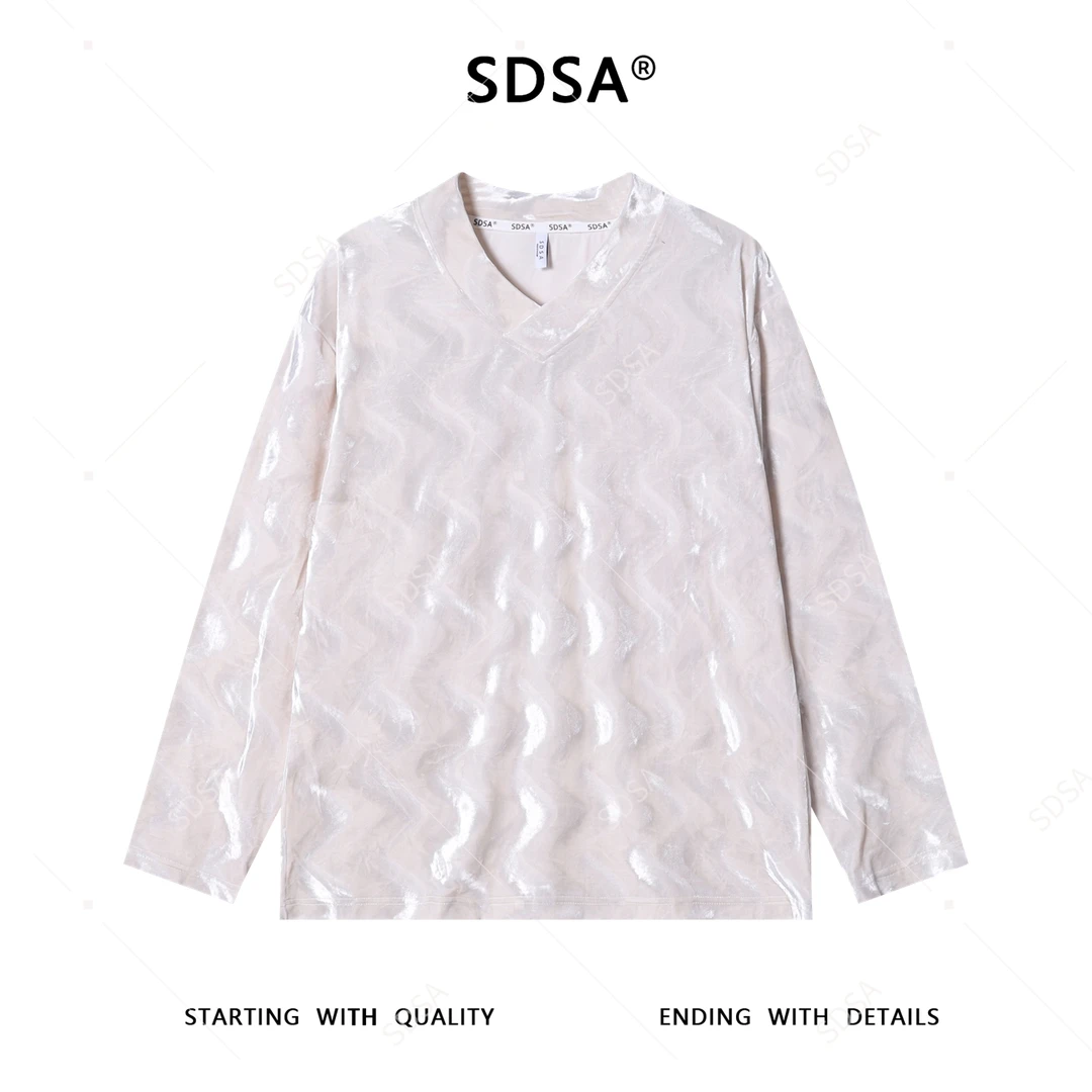 SDSA秋冬新款痞帅男装简约植绒波浪条纹交叉V领长袖T恤百搭时尚